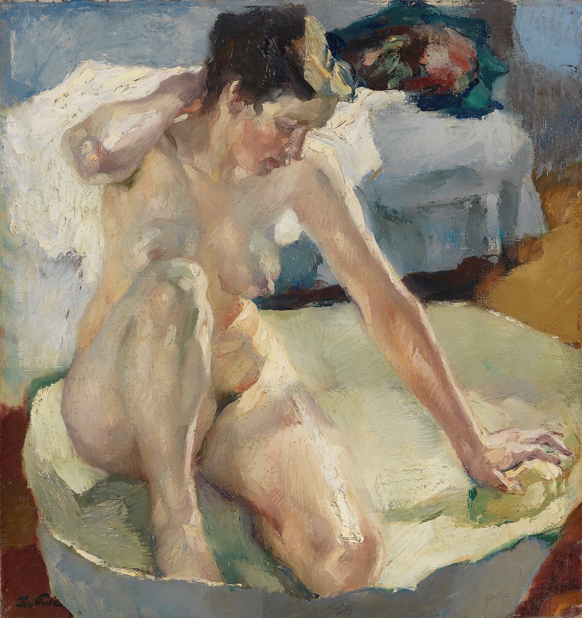 Au bain II - In the Bath II, av Putz, Leo (1869-1940). Olje på lerret av Leo Putz