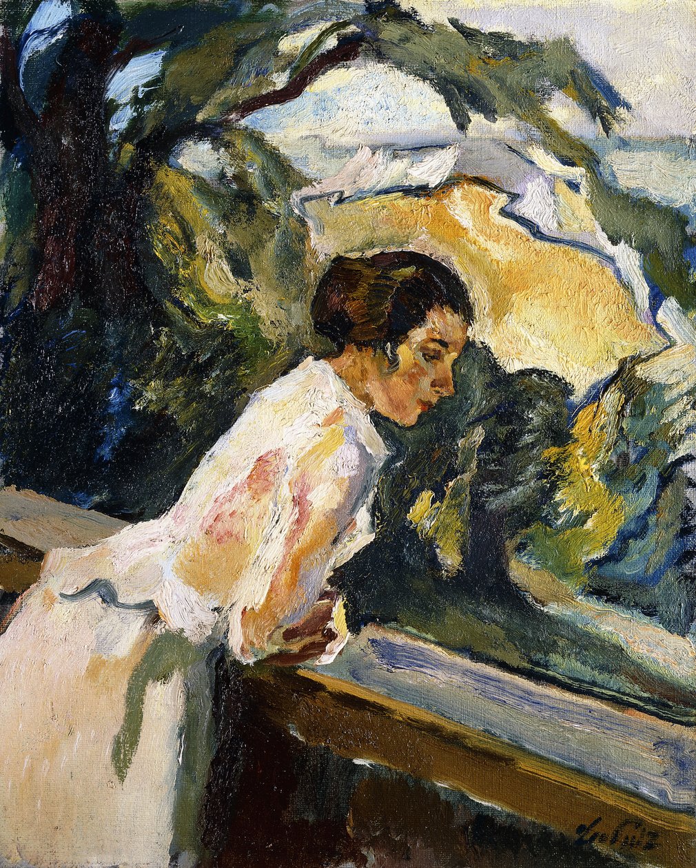 Frieda, kunstnerens kone, lent over balkongen, ca. 1919-1922 (olje på lerret) av Leo Putz