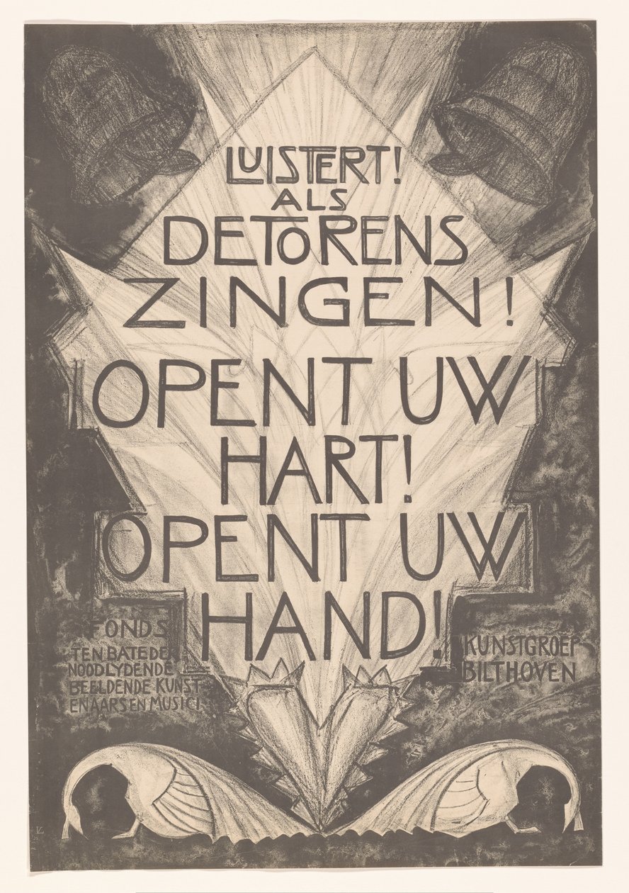 Plakat for nødstedte artister og musikere lytter! Når tårnene synger! Åpne hjertet ditt! Åpne hånden! (tittel på objekt) av Leo Visser
