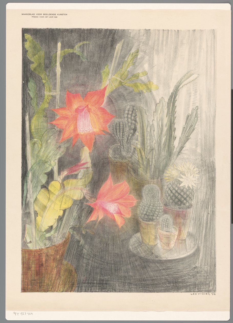 Potter med kaktus og plante i blomst av Leo Visser
