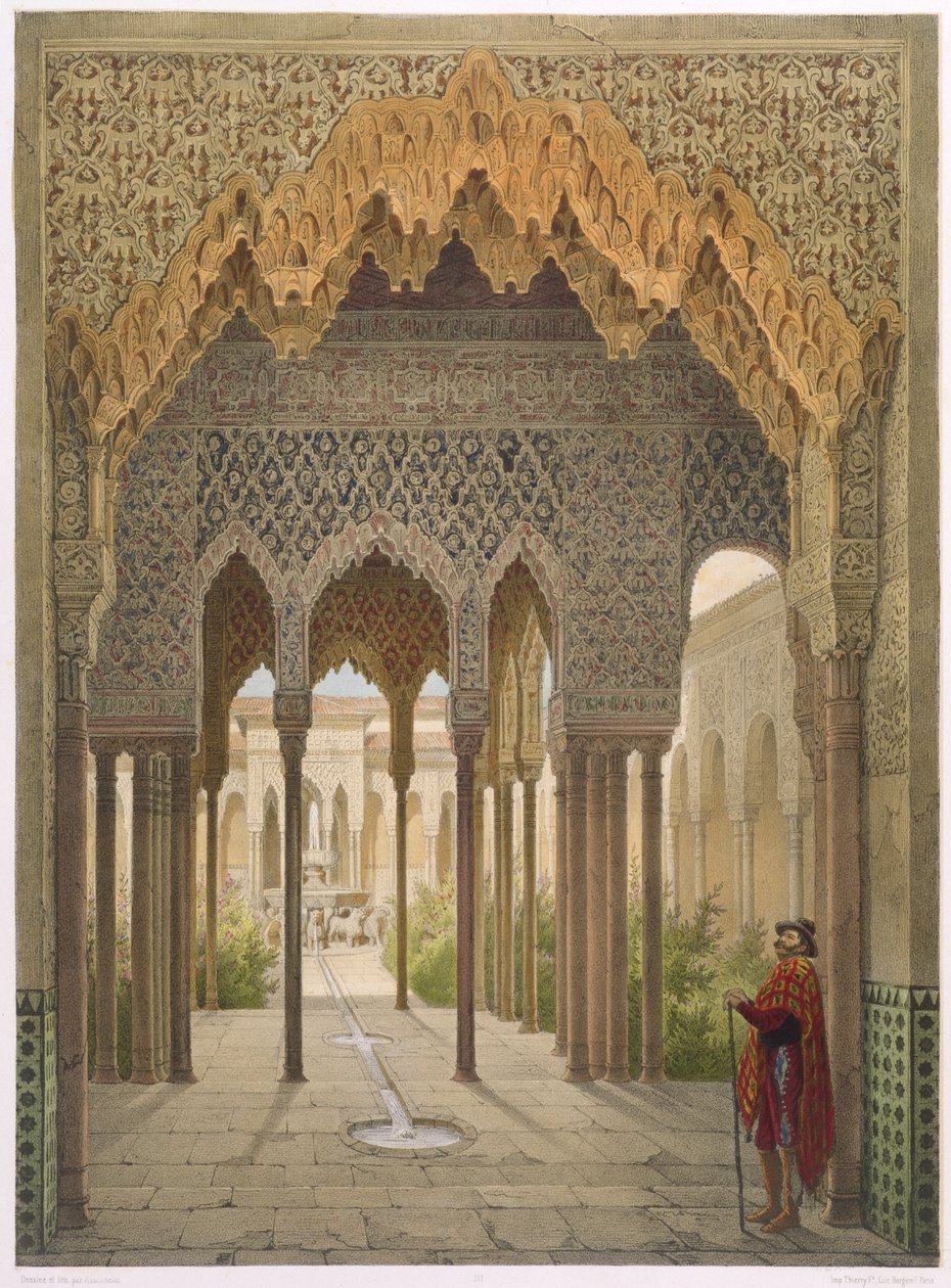 The Court of the Lions, Alhambra, Granada, 1853 (farget litho) av Leon Auguste Asselineau