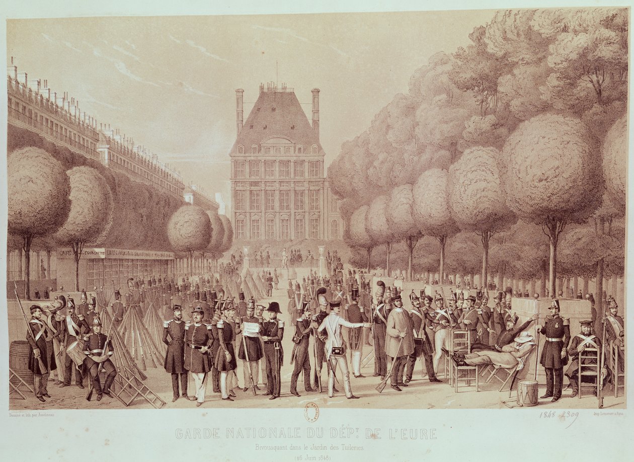 Nasjonalgarden fra Eure slo leir i Tuileriehagen, 26. juni 1848 av Leon Auguste Asselineau