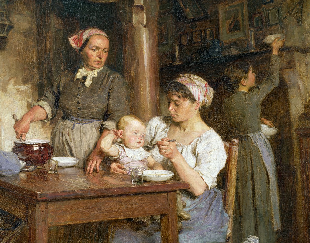 Middagsmåltidet, detalj om mating av babyen, (detalj av 15366) av Leon Augustin Lhermitte