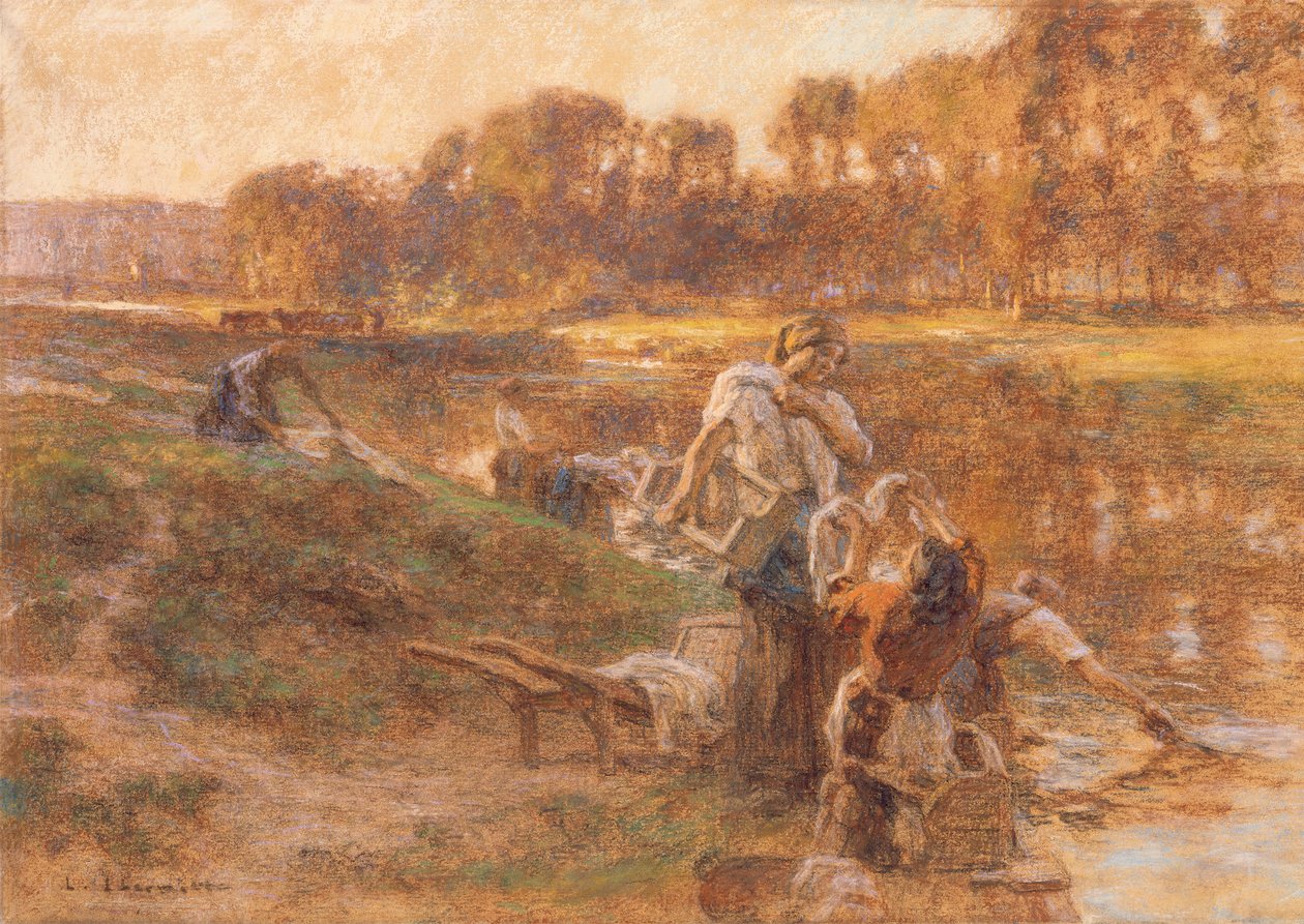 Vaskedamer i solbelyst elvelandskap av Leon Augustin Lhermitte