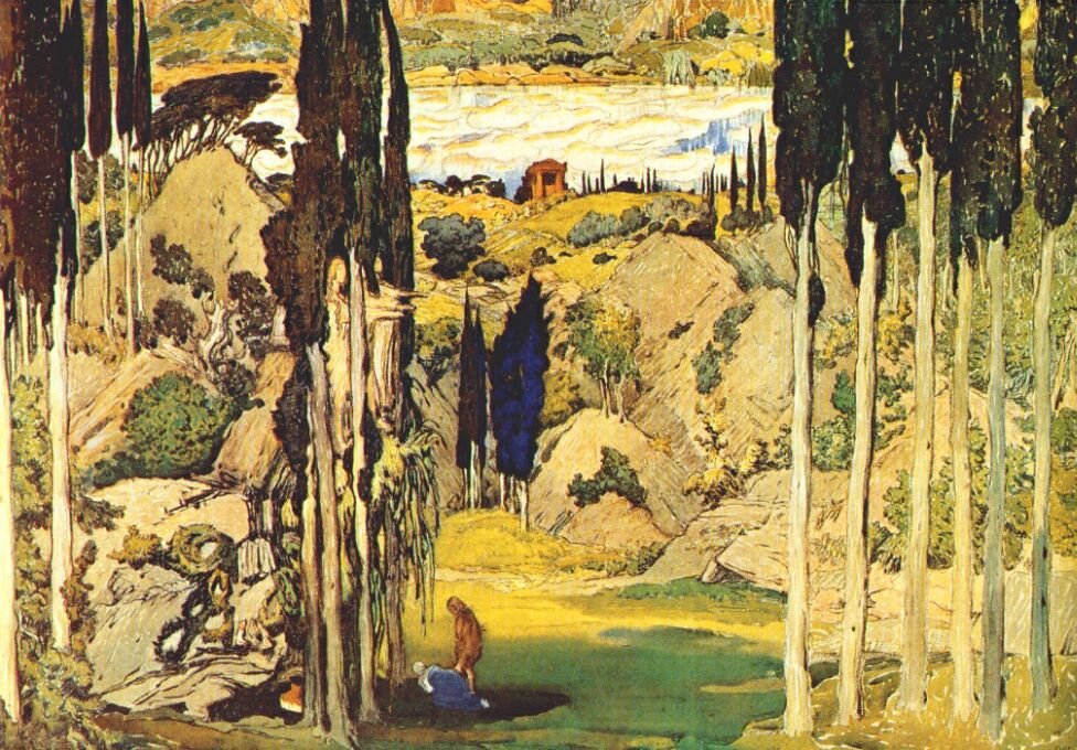 Scenografi for verdenspremieren på balletten Daphnis et Chloe av Maurice Ravel, Parisn av Leon Bakst