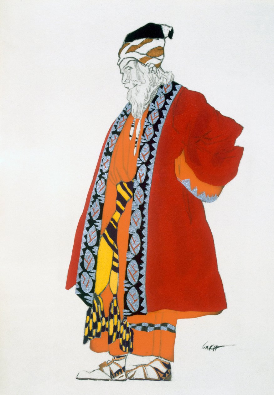 Kostymedesign for en gammel mann i rød frakk av Leon Bakst