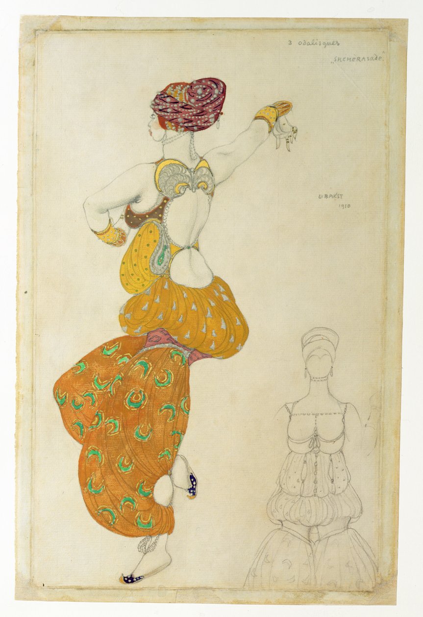 Kostymedesign for en av de tre odaliskene for Scheherazade, 1910 (gouache) av Leon Bakst