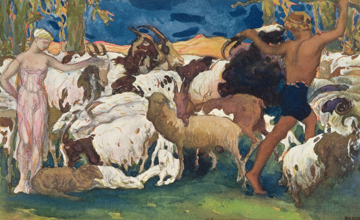 Daphnis og Chloe byr hverandre god natt, design for et dekorativt panel, fra Daphnis og Chloe, ca. 1912 av Leon Bakst