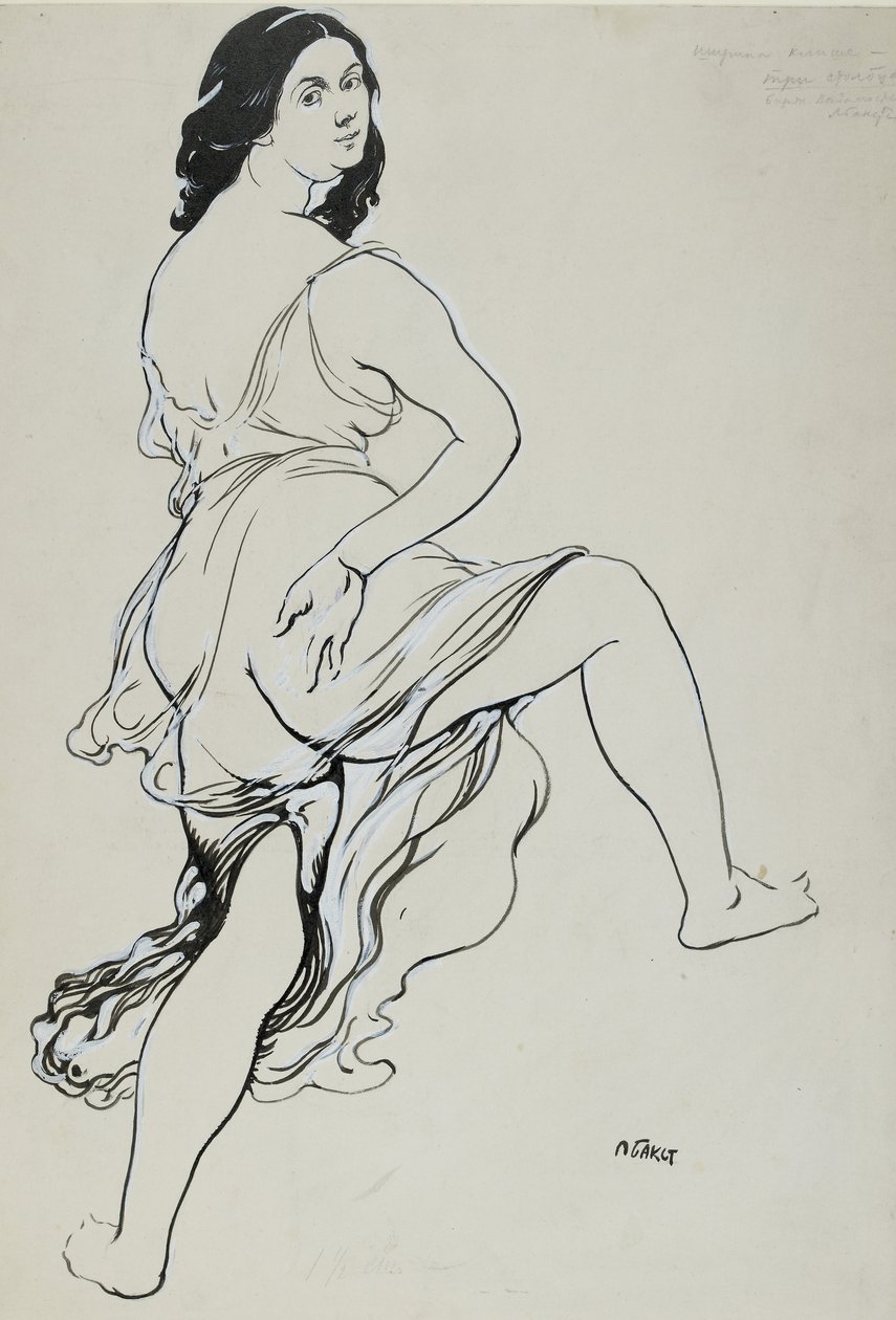 Portrett av Isadora Duncan som danser (pensel og indisk blekk over spor av grafitt, korrigert i hvit kroppsfarge på off-white papir med fin tekstur) av Leon Bakst