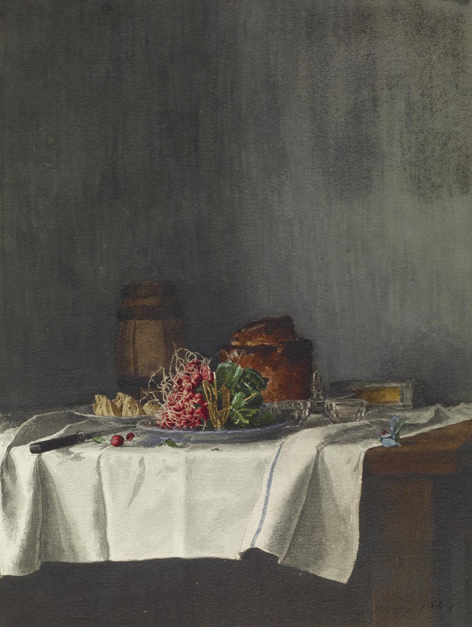 Stilleben med reddiker og pate, 1864 (penn og blekk, blyant og wc på papir) av Léon Bonvin