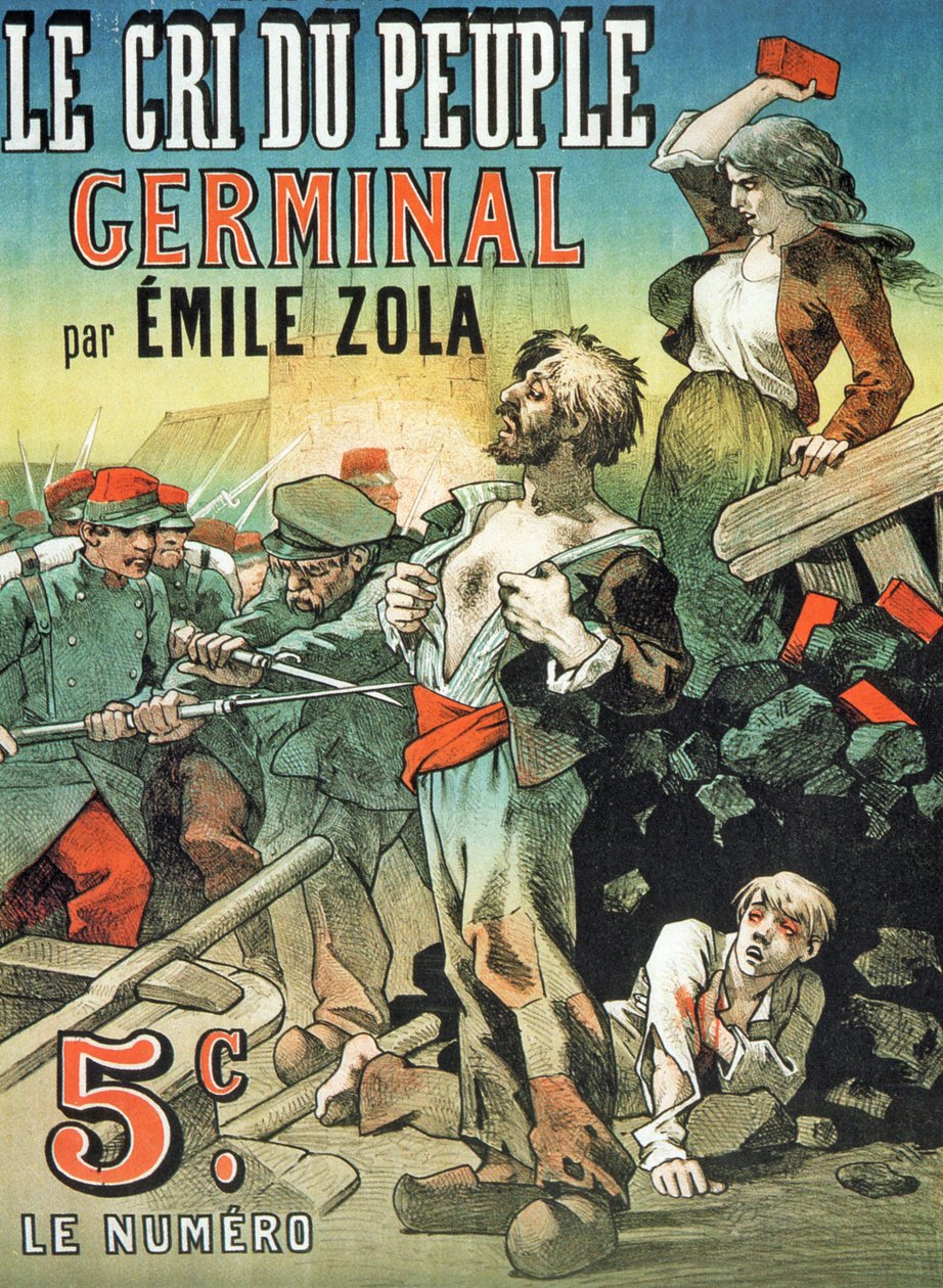 Plakat som reklamerer for utgivelsen av "Germinal" av Emile Zola (1840-1902) i "Le Cri du Peuple" av Leon Choubrac