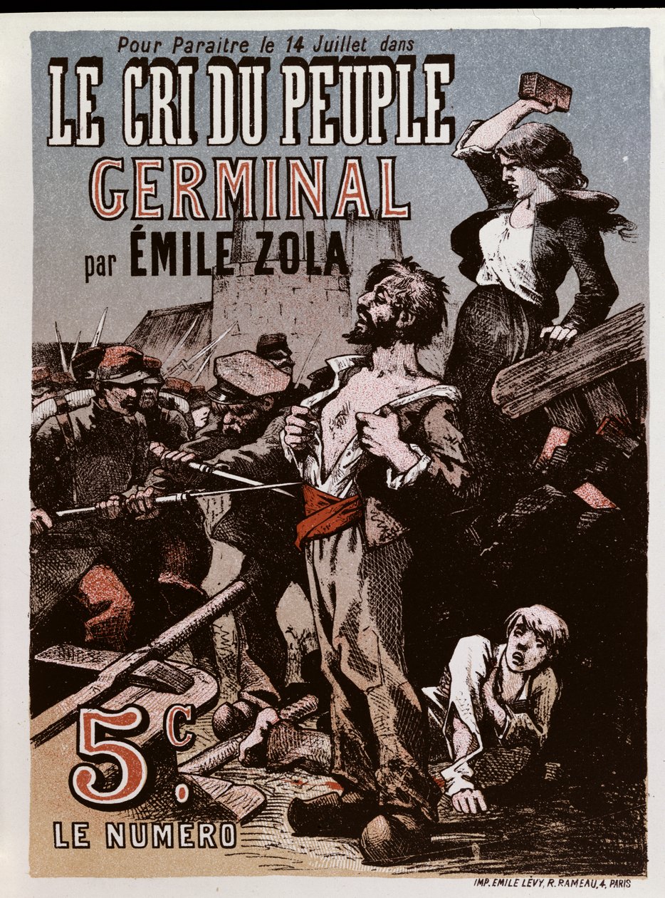 Plakat som reklamerer for utgivelsen av "Germinal" av Emile Zola (1840-1902) i "Le Cri du Peuple" av Leon Choubrac