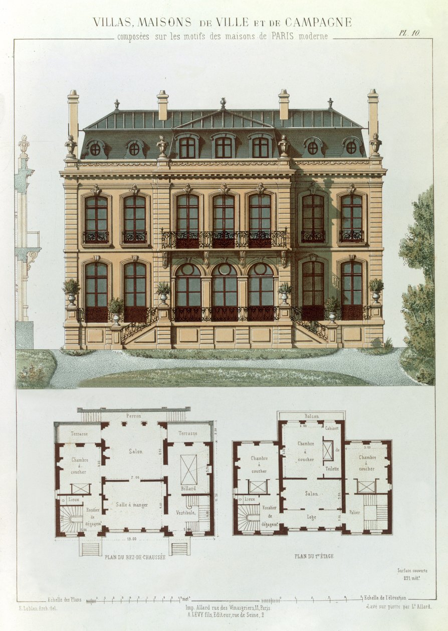 Parisiske forstadshus og -planer, fra 'Villas, Town and Country Houses Based on the Modern Houses of Paris', ca. 1860 av Leon Isabey