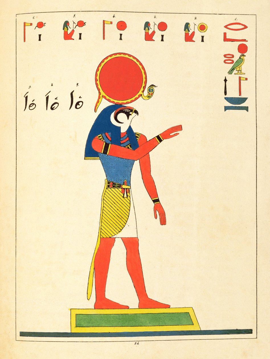 Guden Re, illustrasjon fra Egyptian Pantheon: samling av mytologiske karakterer fra det gamle Egypt av Jean-Francois Champollion, utgitt 1823-25 av Leon Jean Joseph Dubois