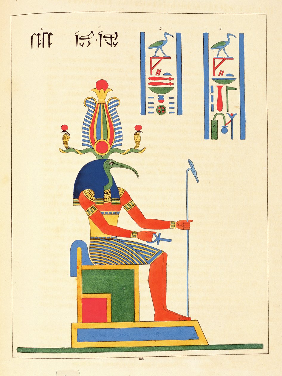 Guden Thoth, illustrasjon fra Egyptian Pantheon: samling av mytologiske karakterer fra det gamle Egypt av Jean-Francois Champollion, utgitt 1823-25 av Leon Jean Joseph Dubois