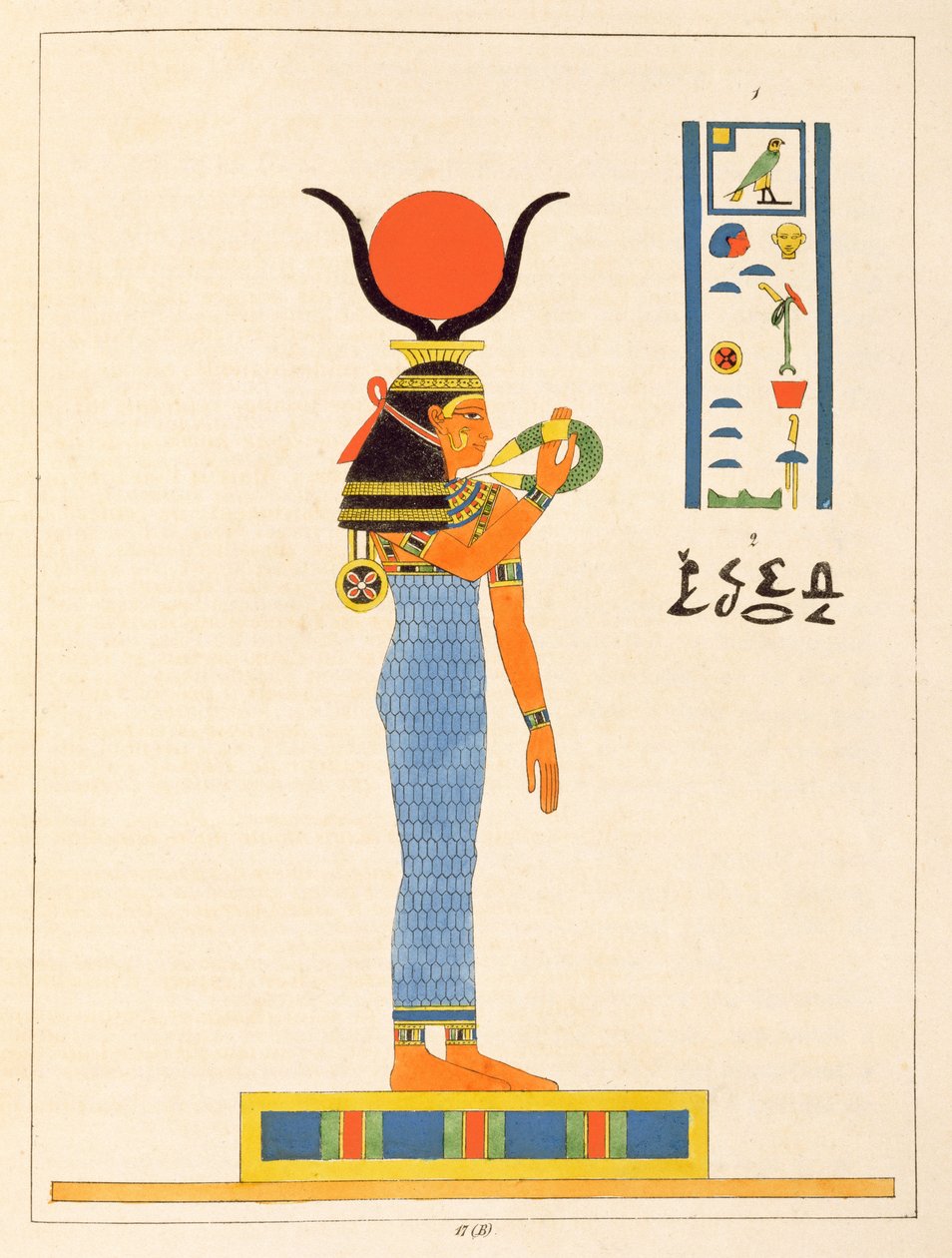 Gudinnen Hathor, illustrasjon fra Pantheon egyptien: samling av mytologiske karakterer fra det gamle Egypt av Jean-Francois Champollion, utgitt 1823-25 av Leon Jean Joseph Dubois
