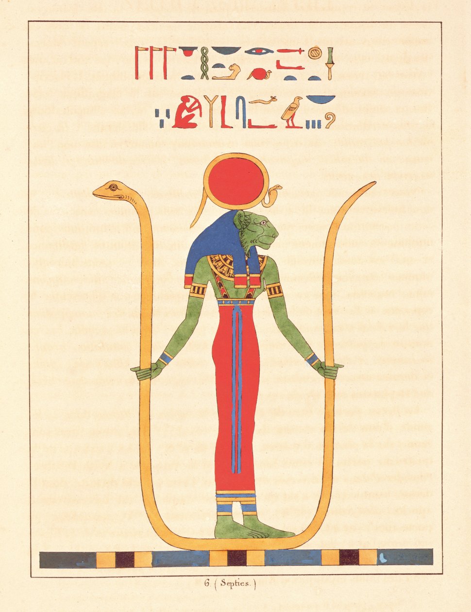 Gudinnen Sekhmet, illustrasjon fra Egyptian Pantheon: samling av mytologiske karakterer fra det gamle Egypt av Jean-Francois Champollion, utgitt 1823-25 av Leon Jean Joseph Dubois