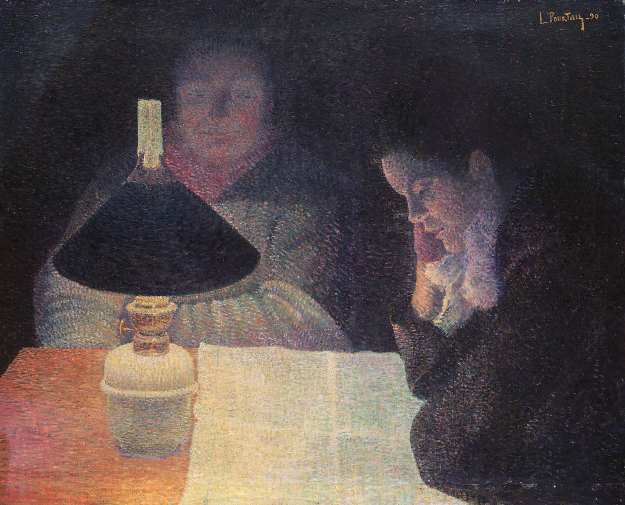 Lesing under lampen, 1890 av Leon Pourtau