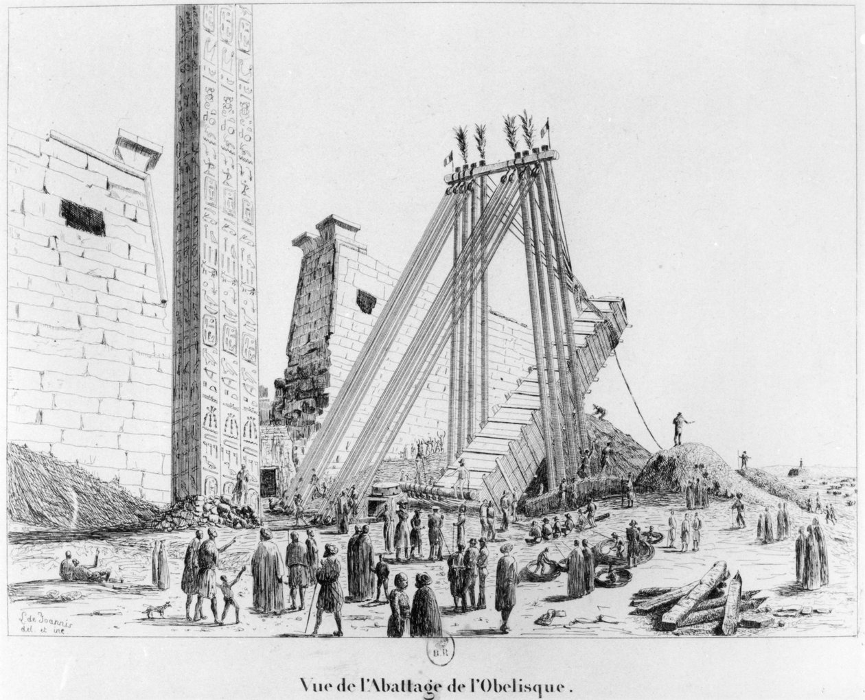 Å trekke ned obelisken fra Luxor-tempelet, fra Campagne Pittoresque de Luxor, 1835 av Leon de Joannis