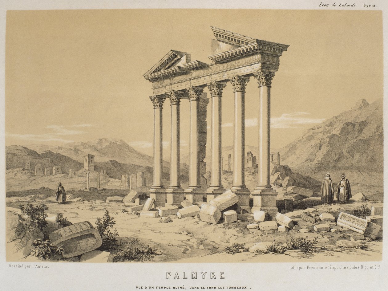 Utsikt over et ødelagt tempel, Palmyra, Syria, illustrasjon fra 