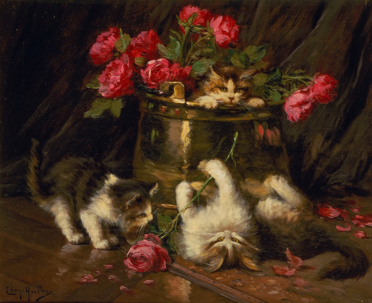 Lekne kattunger (olje på lerret) av Leon Charles Huber