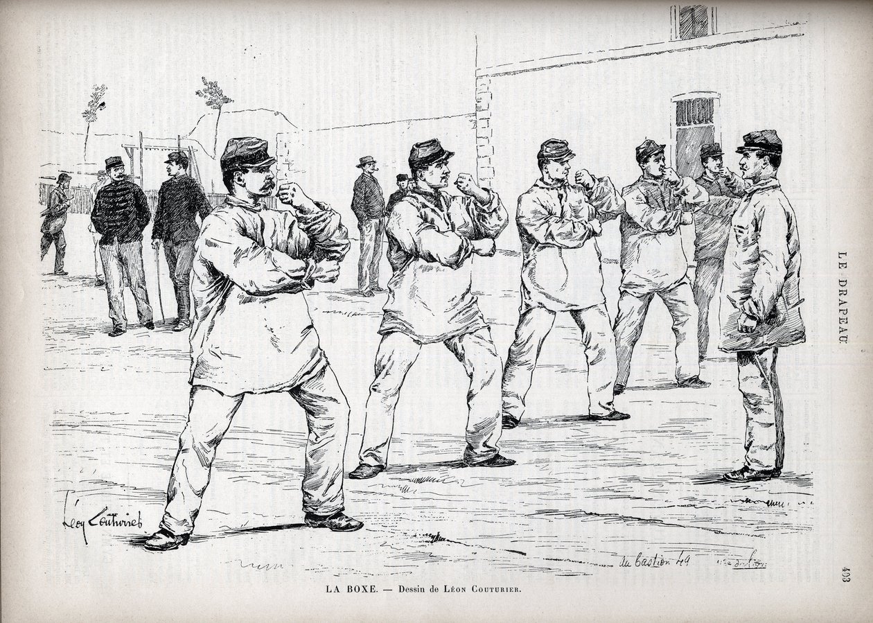 La Boxing - French Armees - tegning av Leon Couturier (1842-1935) - for "" The Flag" - Monitor of the League of Patriotes" - 22. august av Leon Antoine Lucien Couturier