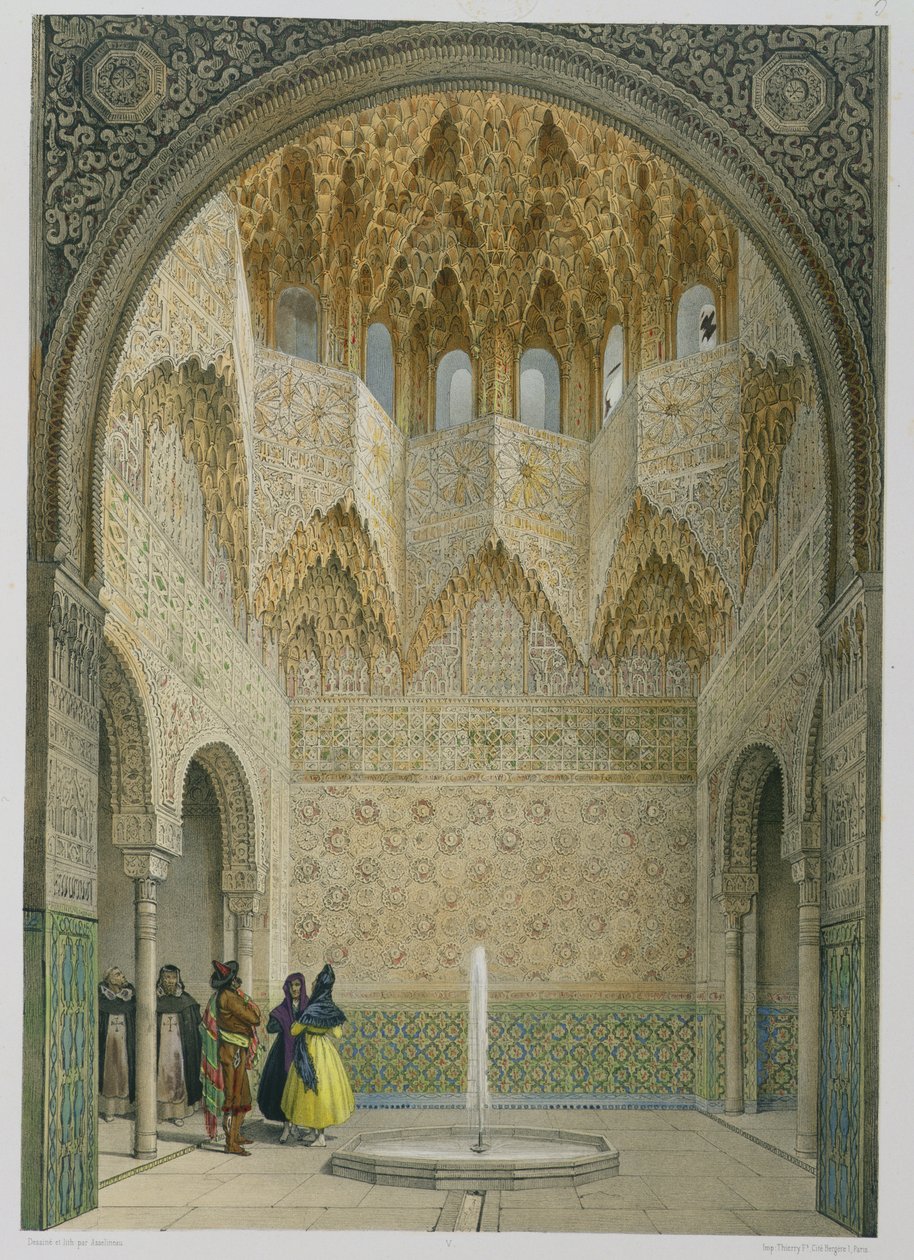 The Hall of the Abencerrages, Alhambra, Granada, 1853 (farget lito) av Leon Auguste Asselineau