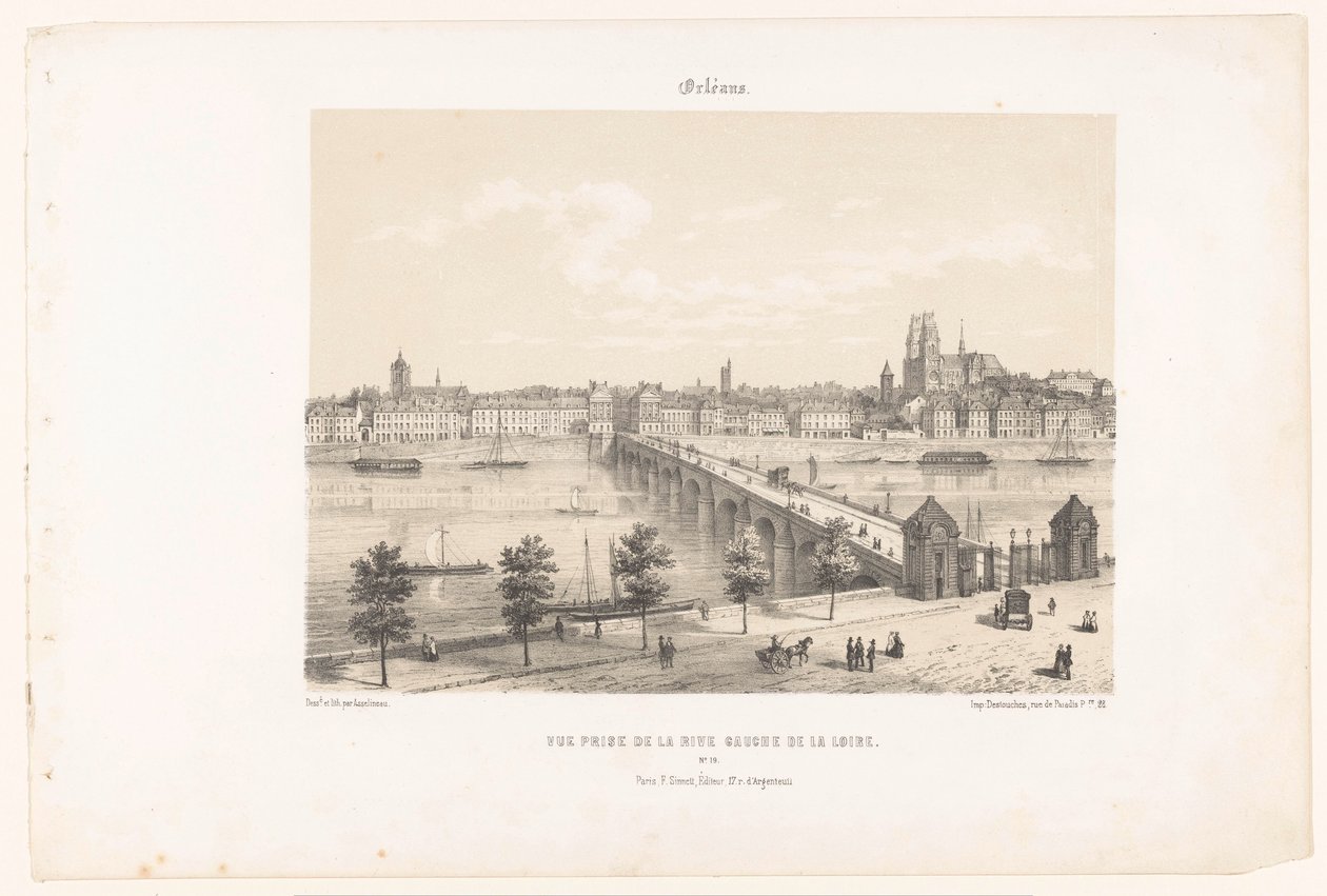 Utsikt over Orléans fra venstre bredd av Loire Orleans. Vue prize de la rive gauche de la Loire (tittel på objekt) Contemporary France (serietittel) La France de nos jours (serietittel på objekt) av Leon Auguste Asselineau