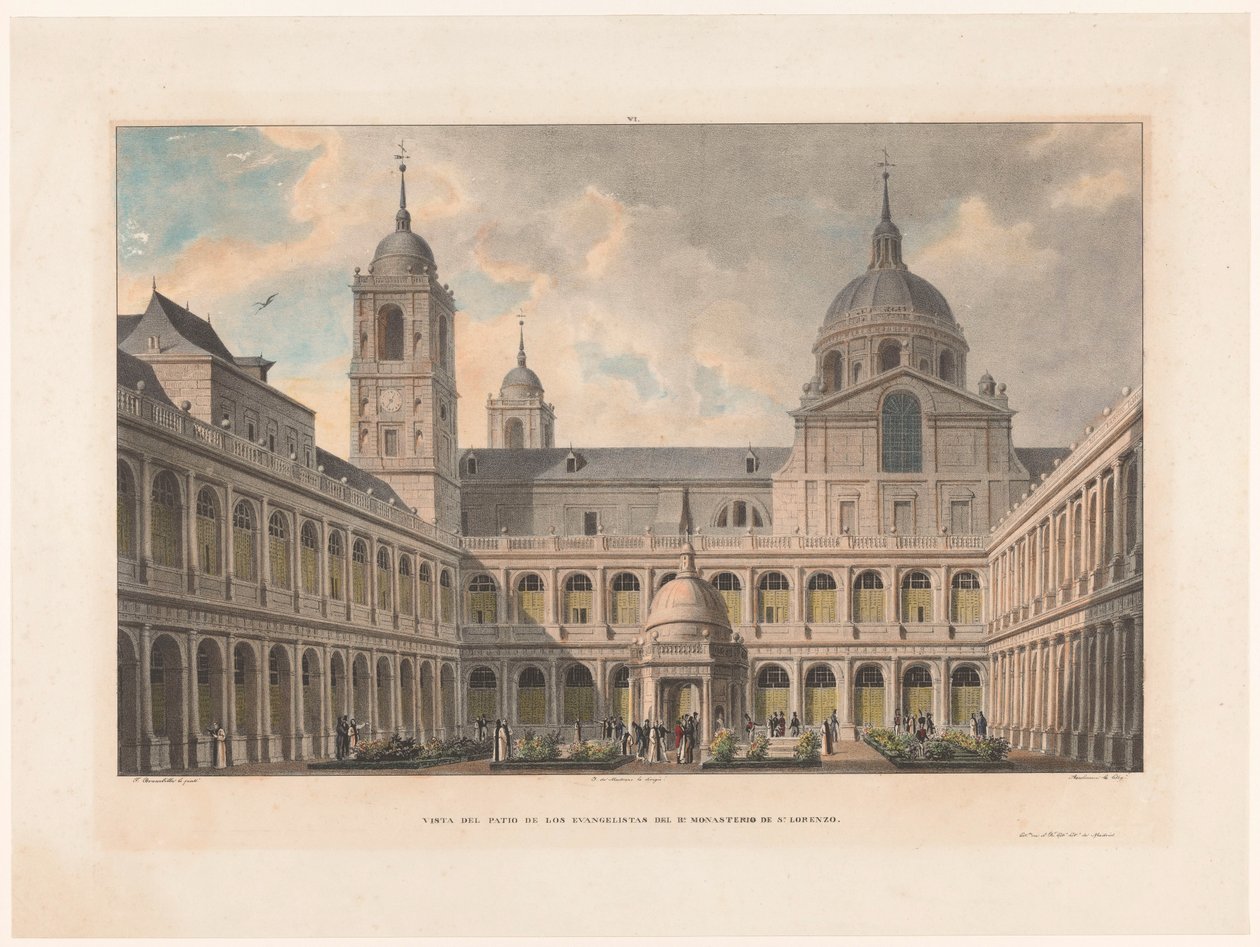Zicht op de Courtyard of the Evangelists van het Monastery of San Lorenzo de El Escorial Utsikt over gårdsplassen til evangelistene i R. klosteret i S. Lorenzo (tittel på objekt) av Leon Auguste Asselineau