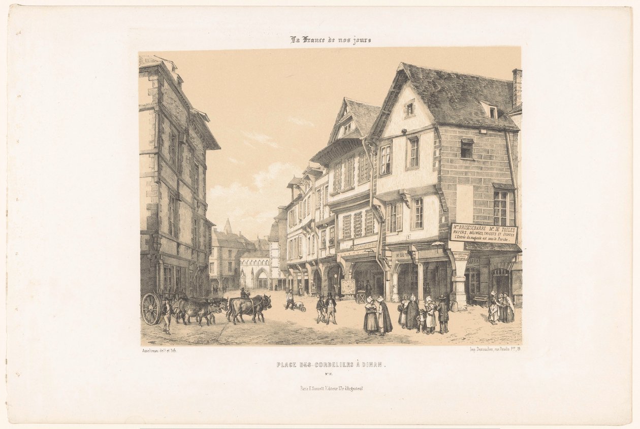 Utsikt over Place des Cordeliers i Dinan Place des Cordeliers à Dinan (tittel på objekt) Contemporary France (serietittel) La France de nos jours (serietittel på objekt) av Leon Auguste Asselineau