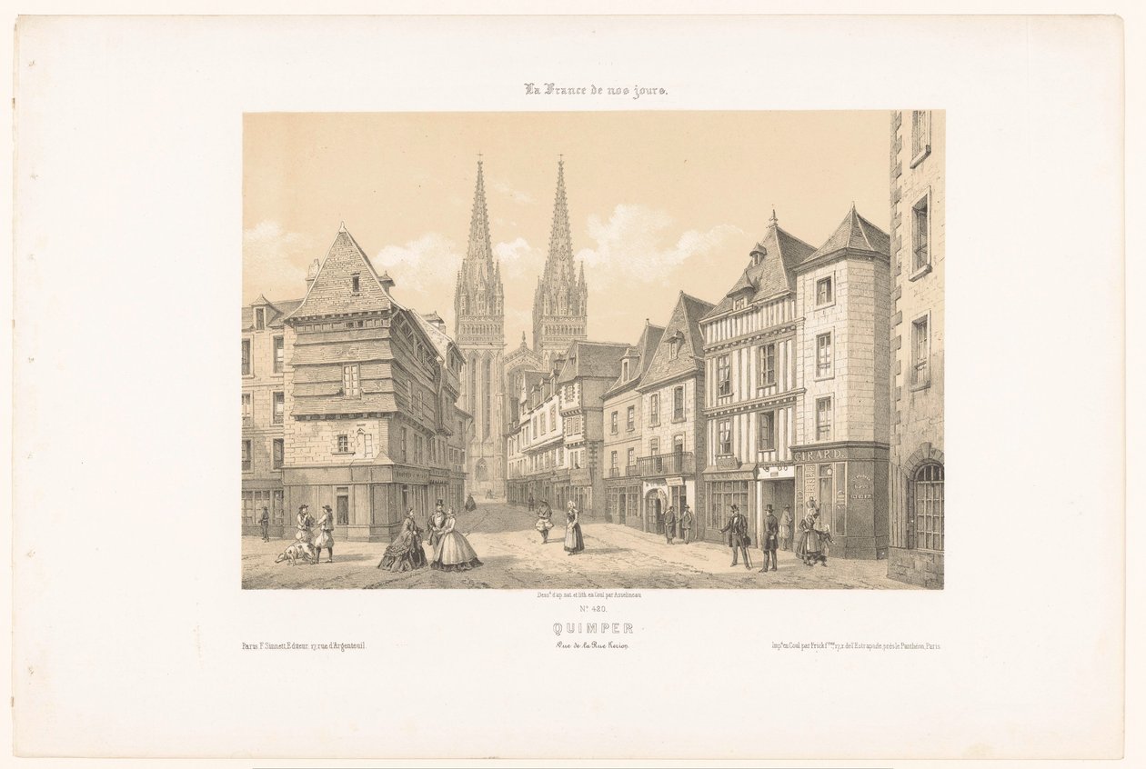 Utsikt over Rue Kéréon og katedralen i Quimper Quimper. Vue de la rue Kerion (tittel på objekt) Contemporary France (serietittel) La France de nos jours (serietittel på objekt) av Leon Auguste Asselineau