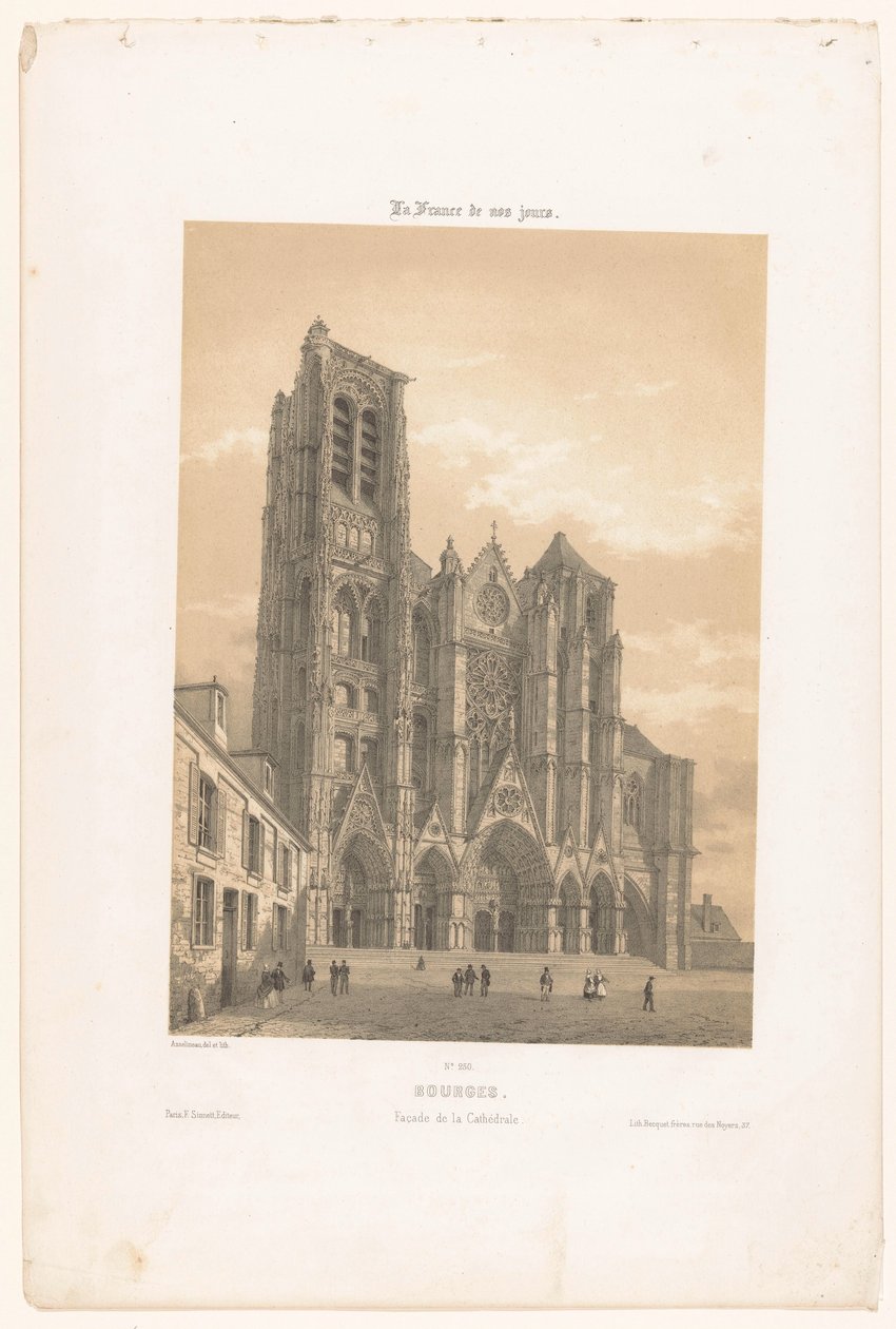 Utsikt over fasaden til katedralen i Bourges Bourges. Facade de la cathédrale (tittel på objekt) Contemporary France (serietittel) La France de nos jours (serietittel på objekt) av Leon Auguste Asselineau