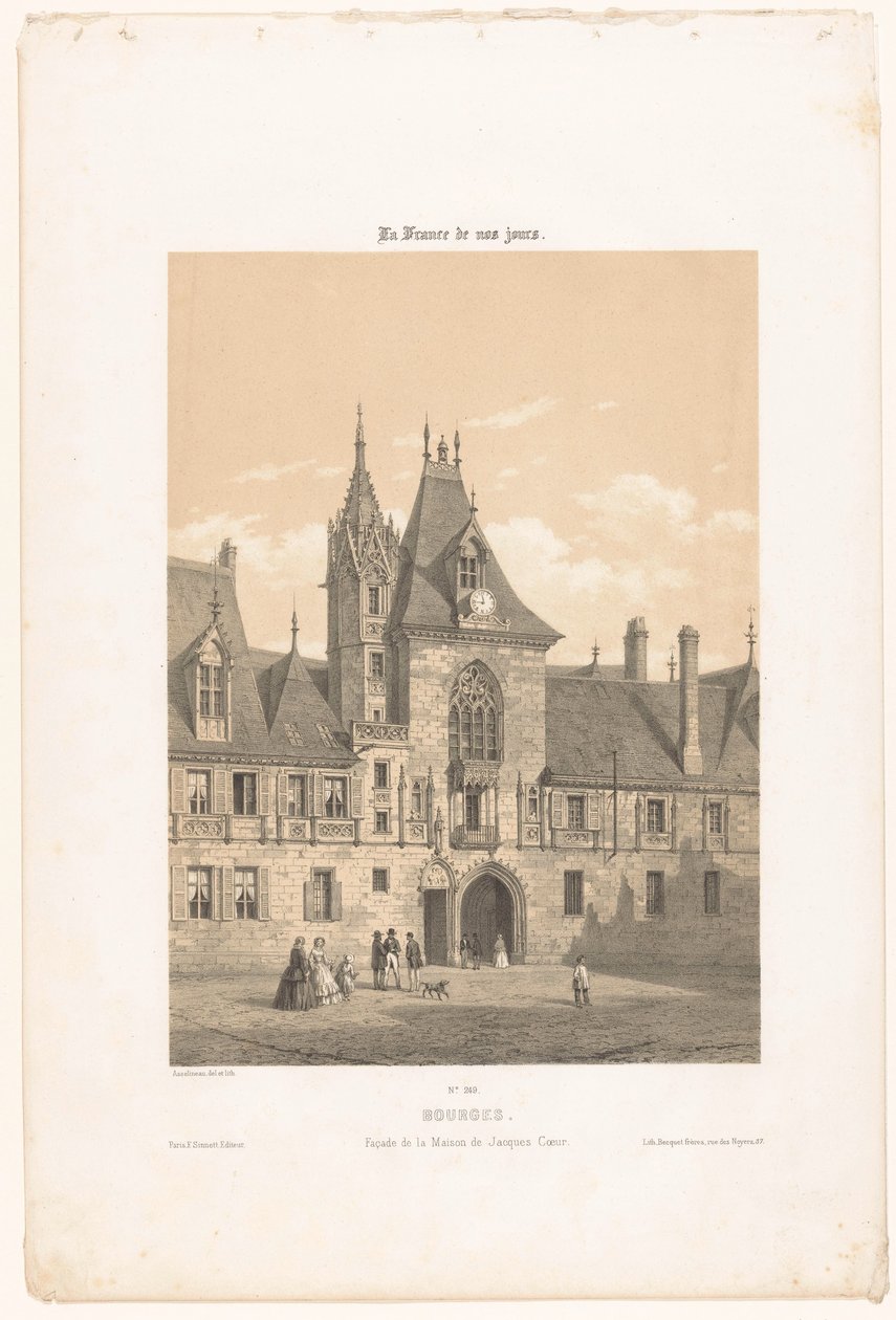 Utsikt over fasaden til Palais Jacques-Coeur i Bourges Bourges. Fasade de la maison de Jacques Coeur (tittel på objekt) Contemporary France (serietittel) La France de nos jours (serietittel på objekt) av Leon Auguste Asselineau