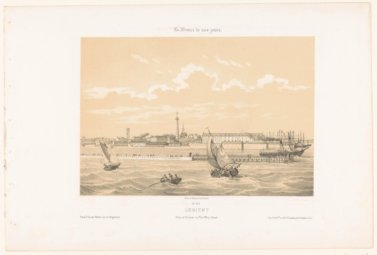 Utsikt over havneinnløpet til Lorient Lorient. Vue de l'éntrée du port Marchand (tittel på objekt) Contemporary France (serietittel) La France de nos jours (serietittel på objekt) av Leon Auguste Asselineau
