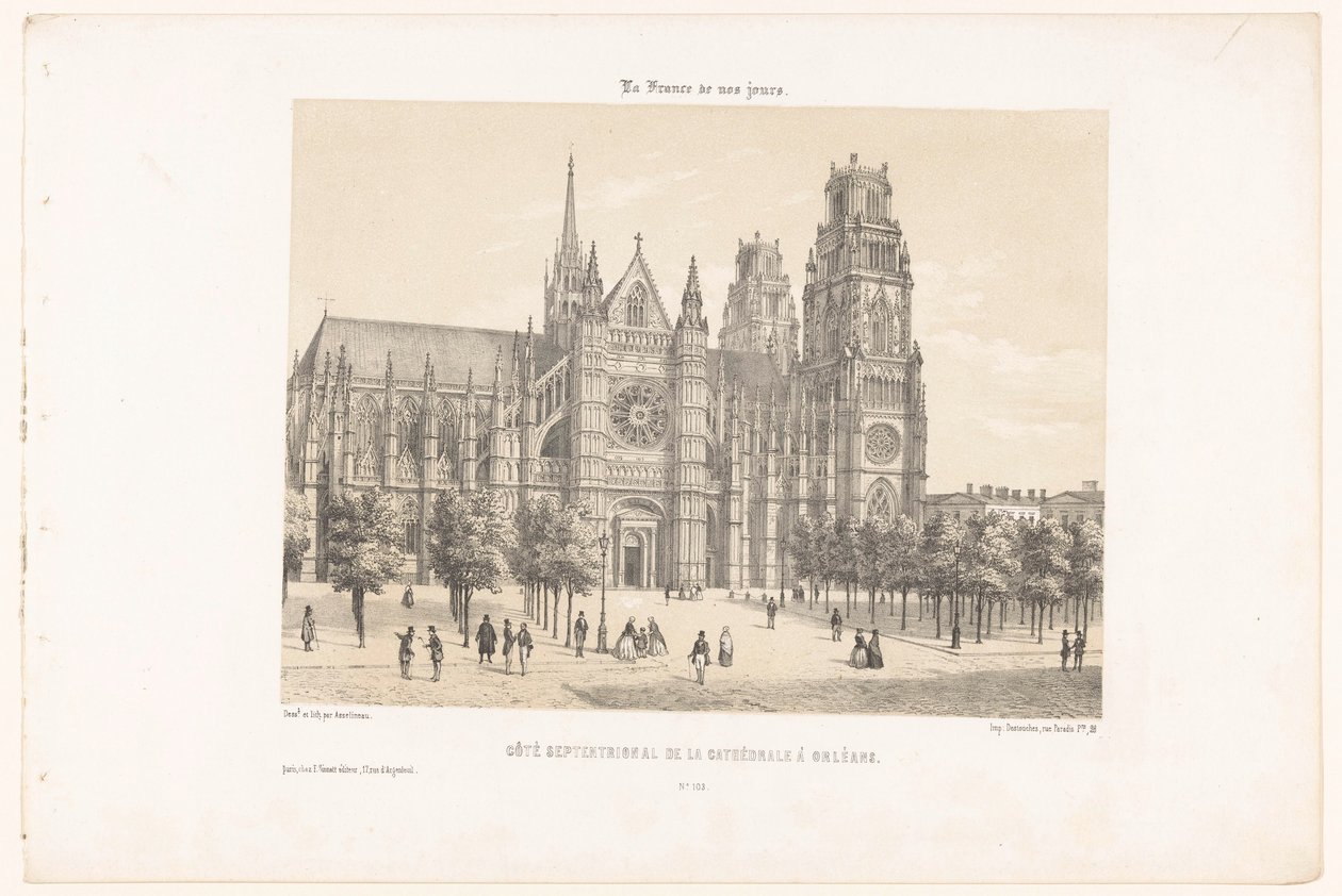 Utsikt over Orleans katedral (nordsiden) Côté septentrional de la cathédrale à Orléans (tittel på objekt) Contemporary France (serietittel) La France de nos jours (serietittel på objekt) av Leon Auguste Asselineau