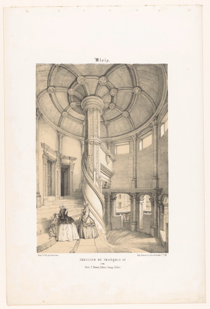Utsikt over kong Frans I sin spiraltrapp i Blois. Castle blois. Escalier de François Ier (tittel på objekt) Contemporary France (serietittel) La France de nos jours (serietittel) av Leon Auguste Asselineau