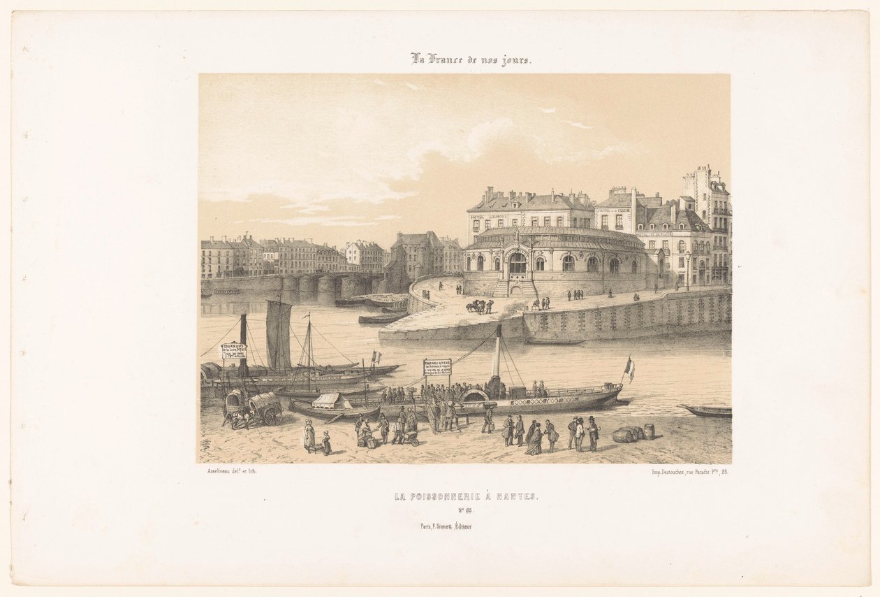 Utsikt over fiskehallen i Nantes fra brygga La poissonnerie à Nantes (tittel på objekt) Contemporary France (serietittel) La France de nos jours (serietittel på objekt) av Leon Auguste Asselineau