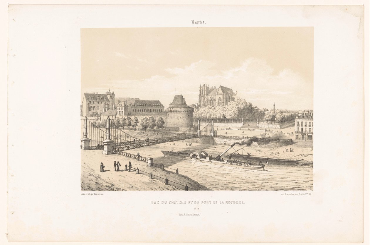 Utsikt over slottet og Pont de la Rotonde over Loire i Nantes Nantes. Vue du chateau et du pont de la Rotonde (tittel på objekt) Contemporary France (serietittel) La France de nos jours (serietittel) av Leon Auguste Asselineau