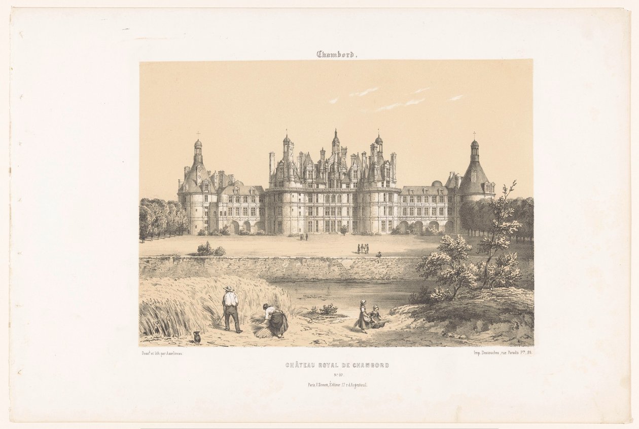 Utsikt over Château de Chambord på Loire Chambord. Château Royal de Chambord (tittel på objekt) Contemporary France (serietittel) La France de nos jours (serietittel) av Leon Auguste Asselineau