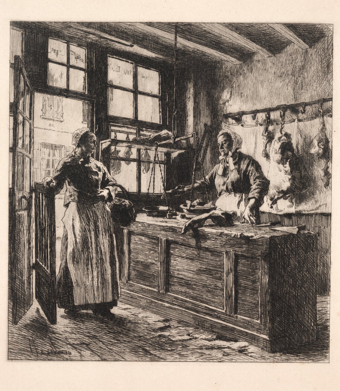 Interiør i en slakterbutikk. av Leon Augustin Lhermitte