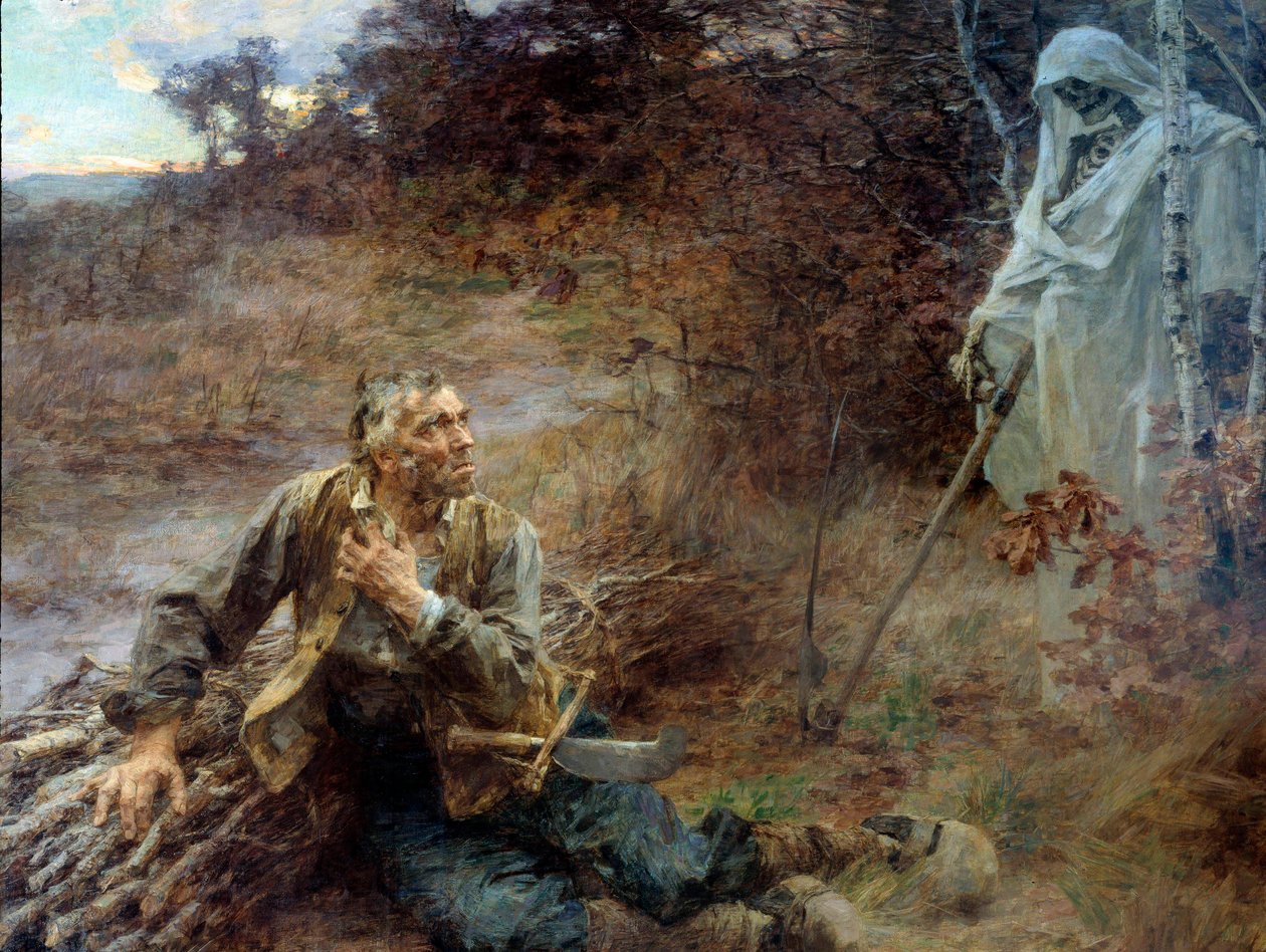 Døden og tremannen Illustrasjon til fabelen av Jean de La Fontaine (1621-1695) Maleri av Leon Augustin Lhermitte (1844-1925) 1893, 2,06 x 2,42 m Chateau Thierry, musee La Fontaine - Døden og loggeren. Illustrasjon til fabelen til Jean de La av Leon Augustin Lhermitte