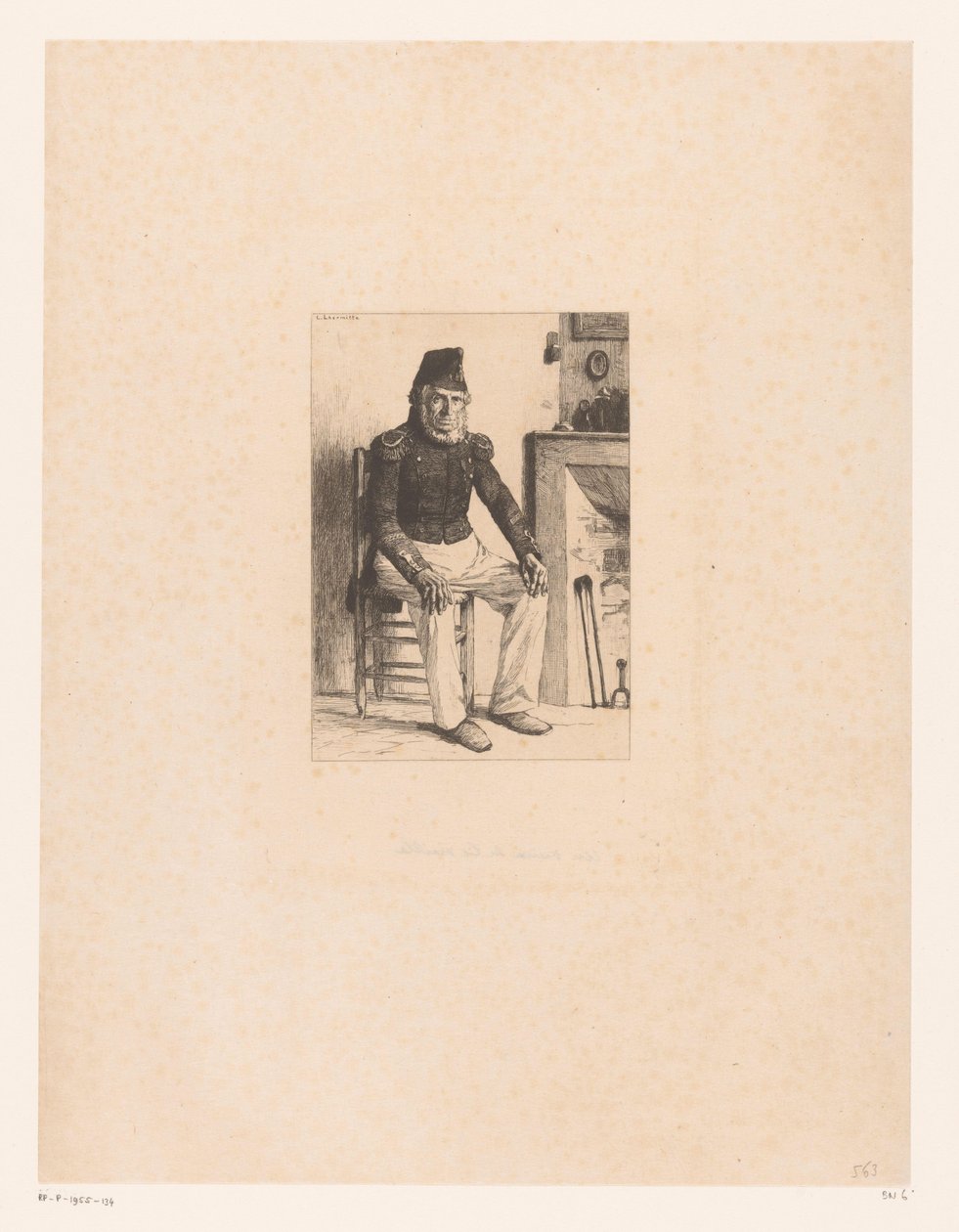 Gammel mann i militærdrakt, sitter ved siden av en peis L'Eau Forte en 1874 (serietittel) Etsninger fra 1874 (serietittel) av Leon Augustin Lhermitte