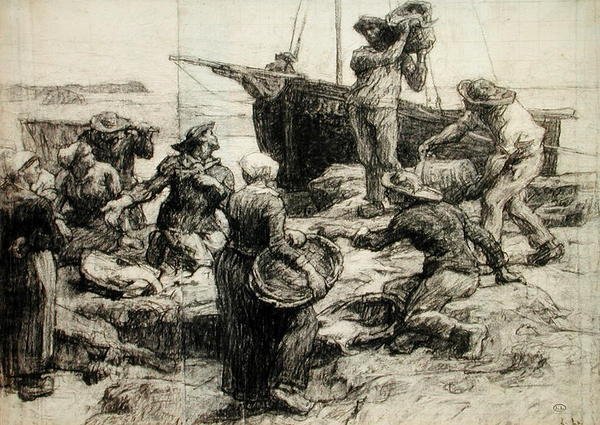 Sortering av fangsten (kull på papir) av Leon Augustin Lhermitte