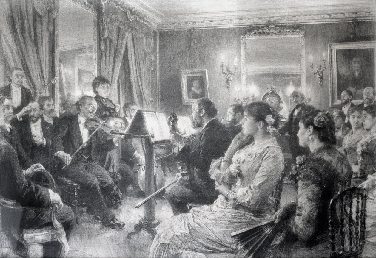 Kvartetten eller The Musical Evening at House of Amaury Duval, 1881 (kull på papir) av Leon Augustin Lhermitte