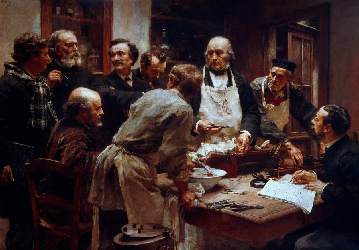 Disseksjonskurset til legen Claude Bernard (1813-1878) (med forkle) i nærvær av hans elever Paul Bert (1833-1886) og Arsonvals maleri av Arsene (1851-1940) av Leon Augustin Lhermitte (1844-1925) 19. århundre Paris, Vitenskapsakademiet av Leon Augustin Lhermitte