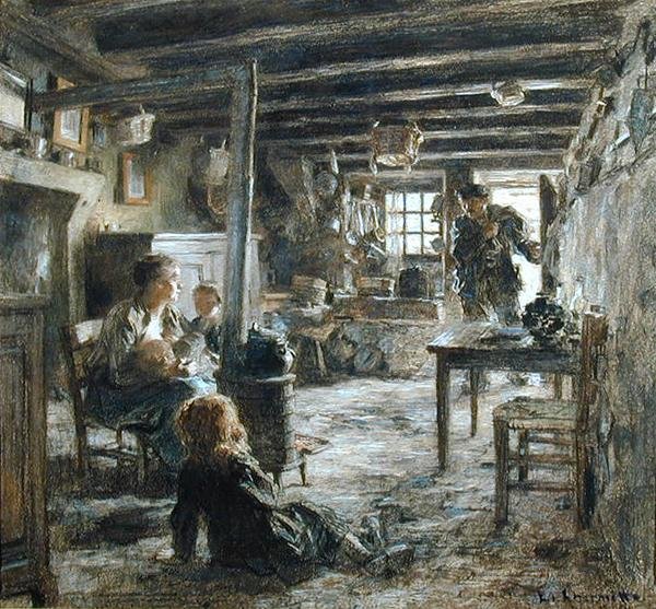 En familie, interiør Fonte (Fathers Return) 1887 (pastell på papir) av Leon Augustin Lhermitte