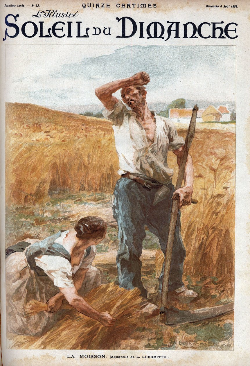 innhøstingen. Bønder som klipper hveten på en åker. (basert på akvarellen til L. Lhermitte) Gravering i "" Le sun-du-dimanche"", 6. august av Leon Augustin Lhermitte