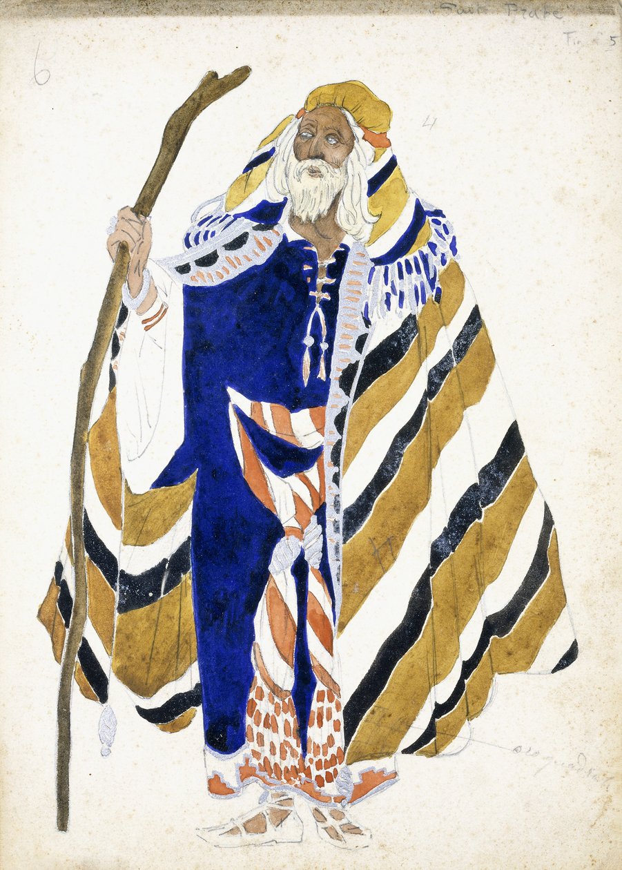 Et kostymedesign for en danser i Suite Arabe, som viser en eldre mann som holder en stav, av Leon Bakst
