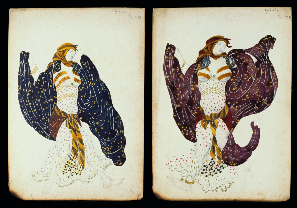 Et par kostymedesign for kvinnelige dansere fra "Juive" av Leon Bakst
