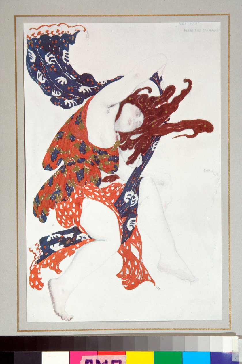 "Bacchante"-kostyme tegnet for balletten Narcisse regissert av Nicolas Tcherepnine av Leon Bakst